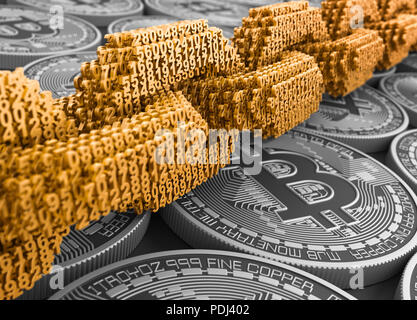 Concetto di Blockchain. Oro catena digitale di interconnessi 3D Numeri e argento Bitcoins. 3D'illustrazione. Foto Stock