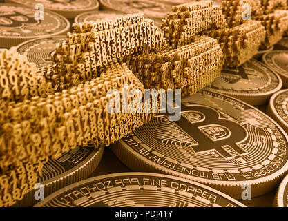 Concetto di Blockchain. Catena digitale di interconnessi 3D i numeri sul Bitcoins. 3D'illustrazione. Foto Stock