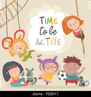 Contenti i bambini e lo sport. Tempo per essere attivo Illustrazione Vettoriale