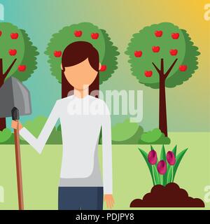 Giardiniere donna con la pala di piantare in giardino Illustrazione Vettoriale