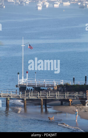 Una donna che gioca con un cane sulla spiaggia la mattina presto in Newport Harbor Orange County in California USA Foto Stock