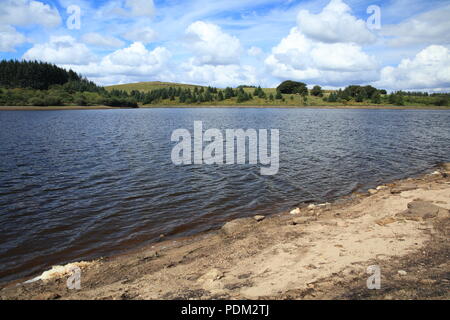 Serbatoio Fernworthy mostra segni di siccità, Parco Nazionale di Dartmoor, Devon, Inghilterra, Regno Unito Foto Stock
