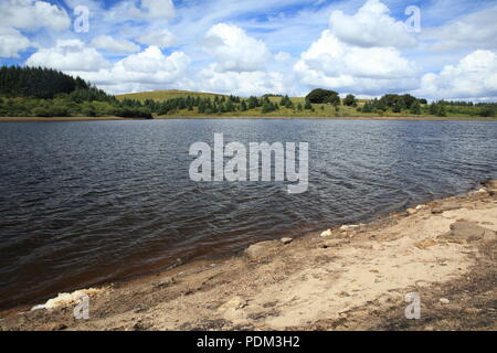 Serbatoio Fernworthy mostra segni di siccità, Parco Nazionale di Dartmoor, Devon, Inghilterra, Regno Unito Foto Stock