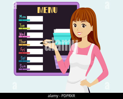 Illustrazione di una ragazza Teen piatto di scrittura su di uno sbozzato menu settimanale Board Foto Stock