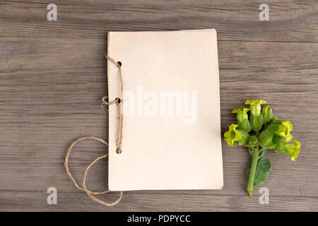 Fiore di tabacco con artigianali fatti a mano notebook sul vecchio grunge sfondo di legno. Vista dall'alto. In stile minimalista mockup. Foto Stock