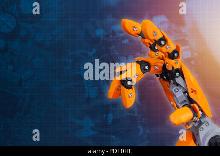 Mano di robot del dito per avanzare la tecnologia della cyber futuro robotico innovazione design sfondo con spazio di copia Foto Stock