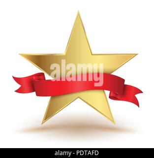 Il Badge stella con nastro rosso. Illustrazione Vettoriale per la vendita di banner e di qualità di aggiudicazione. Illustrazione Vettoriale