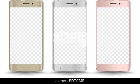 Smartphone Oro Argento Rosa mockups schermo trasparente. Illustrazione Vettoriale. Illustrazione Vettoriale per la stampa, pubblicità e elemento di web, gioco e Illustrazione Vettoriale