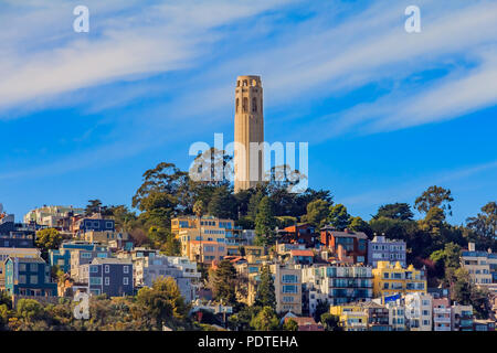 La vista sul famoso Coit Tower e case residenziali nelle vicinanze di San Francisco in California Foto Stock