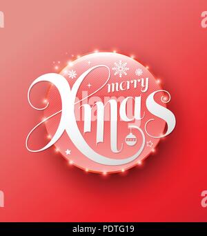 Merry Xmas white scritte sul cerchio rosso. La calligrafia moderna 3D lo stile per il biglietto di auguri, poster, foto overlay. Illustrazione Vettoriale. Messaggio di saluto festivo Illustrazione Vettoriale