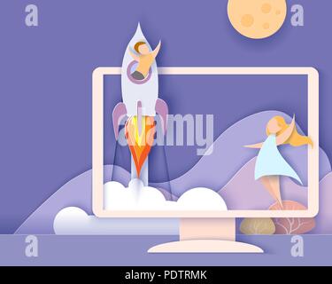 Si torna a scuola 1 settembre il card. Lo schermo del monitor con le montagne e i bambini a volare su un razzo. Carta tagliata stile. Illustrazione Vettoriale Illustrazione Vettoriale