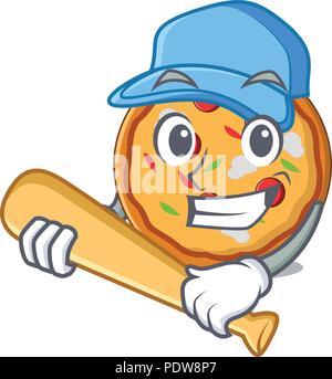 A giocare a baseball carattere pizza stile cartoon Illustrazione Vettoriale