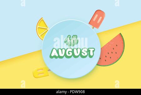 Ciao agosto biglietto di auguri composizione. Adesivo manoscritta lettering con sfondo luminoso. Ciao agosto iscrizione con decoro. Illustr vettore Illustrazione Vettoriale