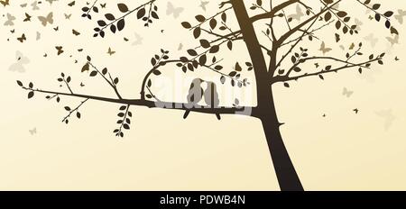 Contentissimo uccelli seduto su un albero in un ambiente romantico su uno sfondo luminoso Illustrazione Vettoriale
