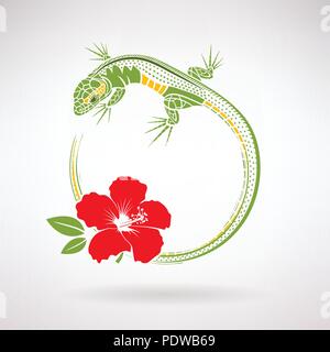 Lucertola verde e rosso hibiscus su uno sfondo luminoso Illustrazione Vettoriale