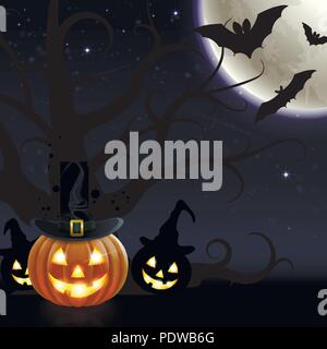 Halloween sfondo vettoriale con la zucca nel cappello e pipistrelli Illustrazione Vettoriale