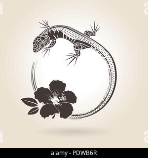 Lizard e hibiscus icona su uno sfondo luminoso Illustrazione Vettoriale