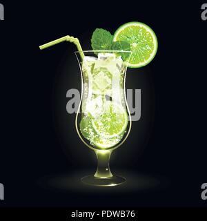 Cocktail mojito con lime e foglie di menta su sfondo nero Illustrazione Vettoriale