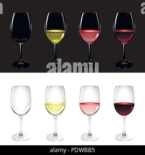 Wineglass con bianco, rosa e vino rosso su nero e sfondo bianco Illustrazione Vettoriale