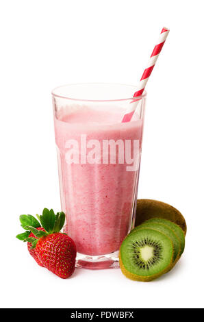 Frullato di rosa con Fragola, yogurt, kiwi isolato su uno sfondo bianco Foto Stock