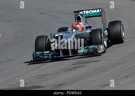 MUGELLO, Italia - Maggio 2012: Michael Schumacher della Mercedes F1 Racing team a team di Formula Uno giorni di test al Mugello Circuit nel maggio del 2012 in Italia. Foto Stock