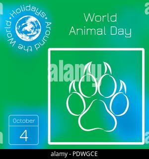 La Giornata mondiale dell'animale. 4 ottobre. Il concetto di una vacanza ecologica. Via degli animali. Calendario. Vacanze in tutto il mondo. Evento di ogni giorno. Sfocatura verde ba Illustrazione Vettoriale