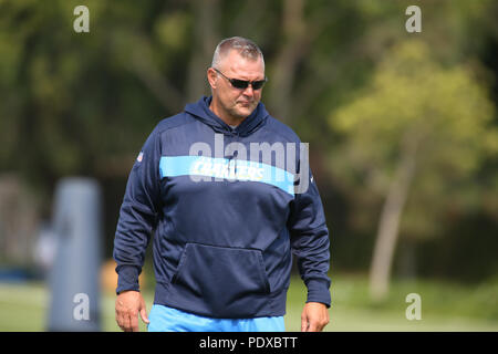 Agosto 09, 2018 Costa Mesa, CA...Los Angeles Chargers offensiva pullman di linea Pat Mayer durante il Los Angeles Chargers Training Camp in Costa Mesa, CA il 09 agosto 2018. Foto di Jevone Moore Foto Stock