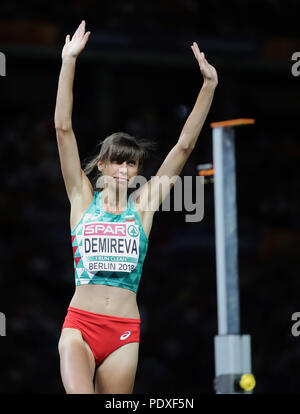 Berlino, Germania. 10 Ago, 2018. Atletica, Campionati Europei in lo Stadio Olimpico, il salto in alto, donne finale: Mirela Demireva dalla Bulgaria reagisce. Credito: Michael Kappeler/dpa/Alamy Live News Foto Stock