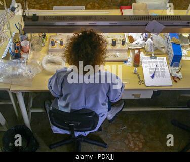 Manacor, Mallorca, Spagna. Xviii oct, 2004. Donne al lavoro nella perla Majorica fabbrica nella città di Manacor in spagnolo di Mallorca. La sua famosa man-made fabbricato le perle sono fabbricati qui in un delicato processo di produzione inventato nel 1890 che è visibile ai turisti. Credito: Arnold Drapkin/ZUMA filo/Alamy Live News Foto Stock