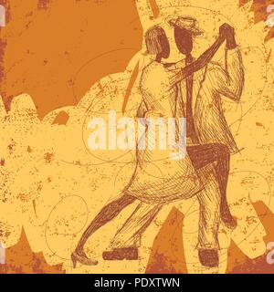 Danze di coppia. Un discutibile, disegnati a mano giovane ballare il tango su un sfondo astratto. Illustrazione Vettoriale