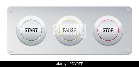 Avviare, mettere in pausa e il pulsante di arresto su un pannello metallico per strumenti, macchine, gadget. Simbolica per la routine del lavoro, vita aziendale, progetti, lo stile di vita. Foto Stock