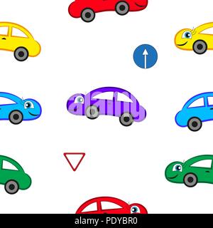 Cartoon fun cars di colori diversi isolati con sfondo bianco. Illustrazione Vettoriale