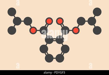 Di diisobutil ftalato (DIBF) plastificante molecola. Stilizzata di scheletro di formula (struttura chimica): gli atomi sono mostrati come codificati per colore cerchi: idrogeno (nascosto), carbonio (grigio), Ossigeno (rosso). Foto Stock