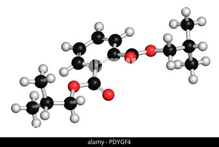 Di diisobutil ftalato (DIBF) plastificante molecola. Il rendering 3D. Gli atomi sono rappresentati come sfere con i tradizionali colori: idrogeno (bianco), carbonio (nero), Ossigeno (rosso). Foto Stock