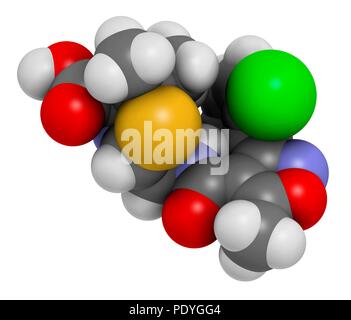 Flucloxacillina (floxacillin) farmaci antibiotici molecola. Il rendering 3D. Gli atomi sono rappresentati come sfere con i tradizionali colori: idrogeno (bianco), carbonio (grigio), Azoto (blu), Ossigeno (rosso), cloro (verdi), zolfo (giallo), fluoro (oro). Foto Stock