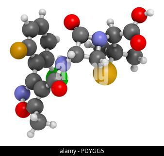 Flucloxacillina (floxacillin) farmaci antibiotici molecola. Il rendering 3D. Gli atomi sono rappresentati come sfere con i tradizionali colori: idrogeno (bianco), carbonio (grigio), Azoto (blu), Ossigeno (rosso), cloro (verdi), zolfo (giallo), fluoro (oro). Foto Stock