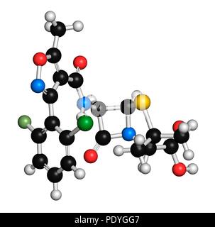 Flucloxacillina (floxacillin) farmaci antibiotici molecola. Il rendering 3D. Gli atomi sono rappresentati come sfere con i tradizionali colori: idrogeno (bianco), carbonio (nero), Azoto (blu), Ossigeno (rosso), cloro (verdi), zolfo (giallo), fluoro (luce verde). Foto Stock