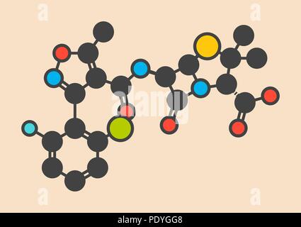 Flucloxacillina (floxacillin) farmaci antibiotici molecola. Stilizzata di scheletro di formula (struttura chimica): gli atomi sono mostrati come codificati per colore cerchi: idrogeno (nascosto), carbonio (grigio), Azoto (blu), Ossigeno (rosso), cloro (verdi), zolfo (giallo), cloro (verde). Foto Stock