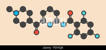 Lasmiditan emicrania molecola di farmaco. Stilizzata di scheletro di formula (struttura chimica): gli atomi sono mostrati come codificati per colore cerchi: idrogeno (nascosto), carbonio (grigio), Azoto (blu), Ossigeno (rosso), il fluoro (ciano). Foto Stock