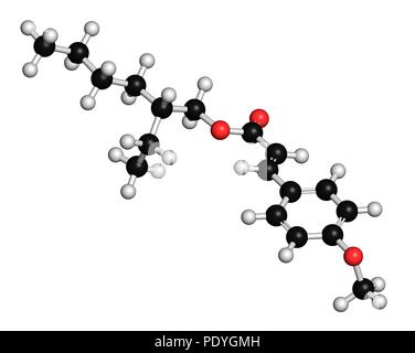 L'ottil metossicinnamato (octinoxate) sunscreen molecola. Il rendering 3D. Gli atomi sono rappresentati come sfere con i tradizionali colori: idrogeno (bianco), carbonio (nero), Ossigeno (rosso). Foto Stock