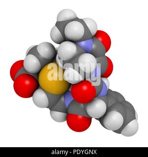 Porfiromycina antibiotico molecola di farmaco. Il rendering 3D. Gli atomi sono rappresentati come sfere con i tradizionali colori: idrogeno (bianco), carbonio (grigio), Azoto (blu), Ossigeno (rosso), zolfo (giallo). Foto Stock