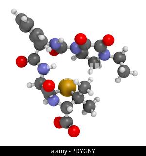 Porfiromycina antibiotico molecola di farmaco. Il rendering 3D. Gli atomi sono rappresentati come sfere con i tradizionali colori: idrogeno (bianco), carbonio (grigio), Azoto (blu), Ossigeno (rosso), zolfo (giallo). Foto Stock
