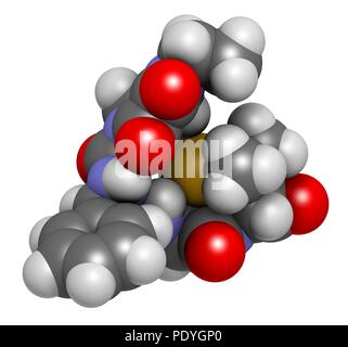 Porfiromycina antibiotico molecola di farmaco. Il rendering 3D. Gli atomi sono rappresentati come sfere con i tradizionali colori: idrogeno (bianco), carbonio (grigio), Azoto (blu), Ossigeno (rosso), zolfo (giallo). Foto Stock