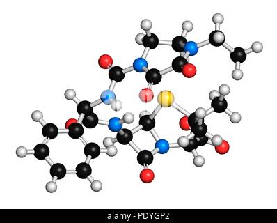 Porfiromycina antibiotico molecola di farmaco. Il rendering 3D. Gli atomi sono rappresentati come sfere con i tradizionali colori: idrogeno (bianco), carbonio (nero), Azoto (blu), Ossigeno (rosso), zolfo (giallo). Foto Stock
