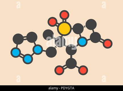 Tazobactam molecola di farmaco. Inibitore di natura batterica beta-lattamasi enzimi. Stilizzata di scheletro di formula (struttura chimica): gli atomi sono mostrati come codificati per colore cerchi: idrogeno (nascosto), carbonio (grigio), Azoto (blu), Ossigeno (rosso), zolfo (giallo). Foto Stock