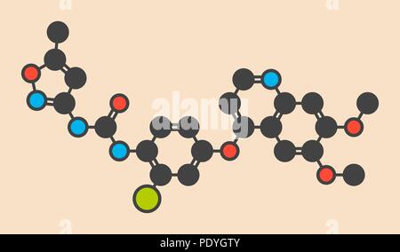 Cancro Tivozanib molecola di farmaco. Stilizzata di scheletro di formula (struttura chimica): gli atomi sono mostrati come codificati per colore cerchi: idrogeno (nascosto), carbonio (grigio), Azoto (blu), Ossigeno (rosso), cloro (verde). Foto Stock