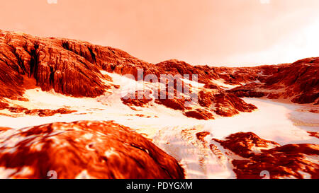 Mattina su Marte, illustrazione. Paesaggio roccioso su Marte, il quarto pianeta dal sole e il secondo più piccolo nel sistema solare. Marte è un deserto roccioso mondo senza acqua di superficie. Il clima è prevalentemente di biossido di carbonio e la superficie marziana le temperature sono ben al di sotto del congelamento. Sia la presenza di ghiaccio di acqua e biossido di carbonio congelato formare nelle regioni più fredde del Marte. Particelle di polvere e di ossido di ferro in l'atmosfera sottile conferiscono un colore marrone-colore rosa-arancio. Foto Stock