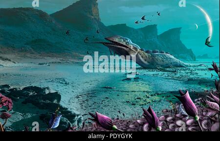 Illustrazione di creature aliene su un ospitale mondo esteri. Vista dalla superficie di un nucleo abitato roccioso in orbita lunare un gas-esopianeta gigante. Il pianeta è circondato da una serie di anelli, simile a Saturno nel nostro sistema solare. La luna è rappresentata come rocciosa con mari e con strane formazioni rocciose scolpite dal vento alieno pattern. Il cielo è un molto strano colore verde, ed è popolato da battenti lifeforms, predati su da un plesiosaur-come animale. Gli astronomi hanno scoperto oltre un migliaio di pianeti extrasolari nella Via Lattea. Foto Stock