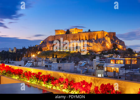 Acropolis Hill e il Partenone di Atene, Grecia Foto Stock