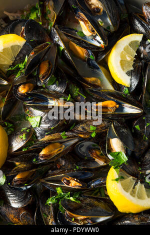 In casa le cozze al vapore e il brodo con pane Foto Stock